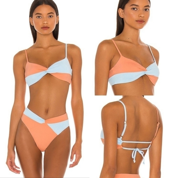 New L*Space Ringo Twist Colorblock Orange / Light Blue Bikini Top NWT Large - Picture 1 of 12